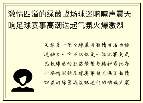 激情四溢的绿茵战场球迷呐喊声震天响足球赛事高潮迭起气氛火爆激烈